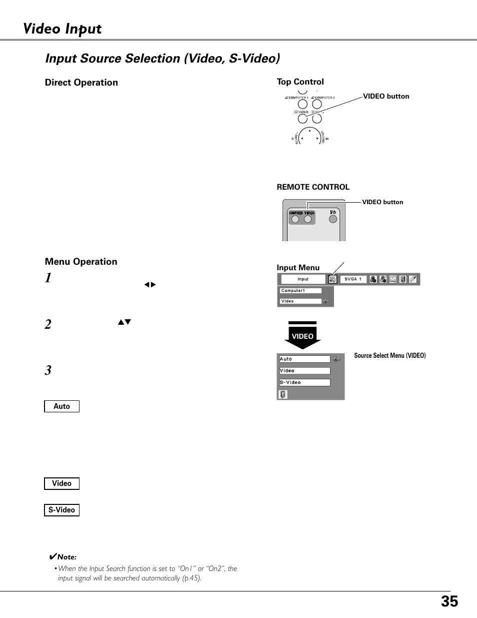 Video input, Input source selection (video, s-video) | Eiki MODEL LC-XB40 User Manual | Page 35 / 66