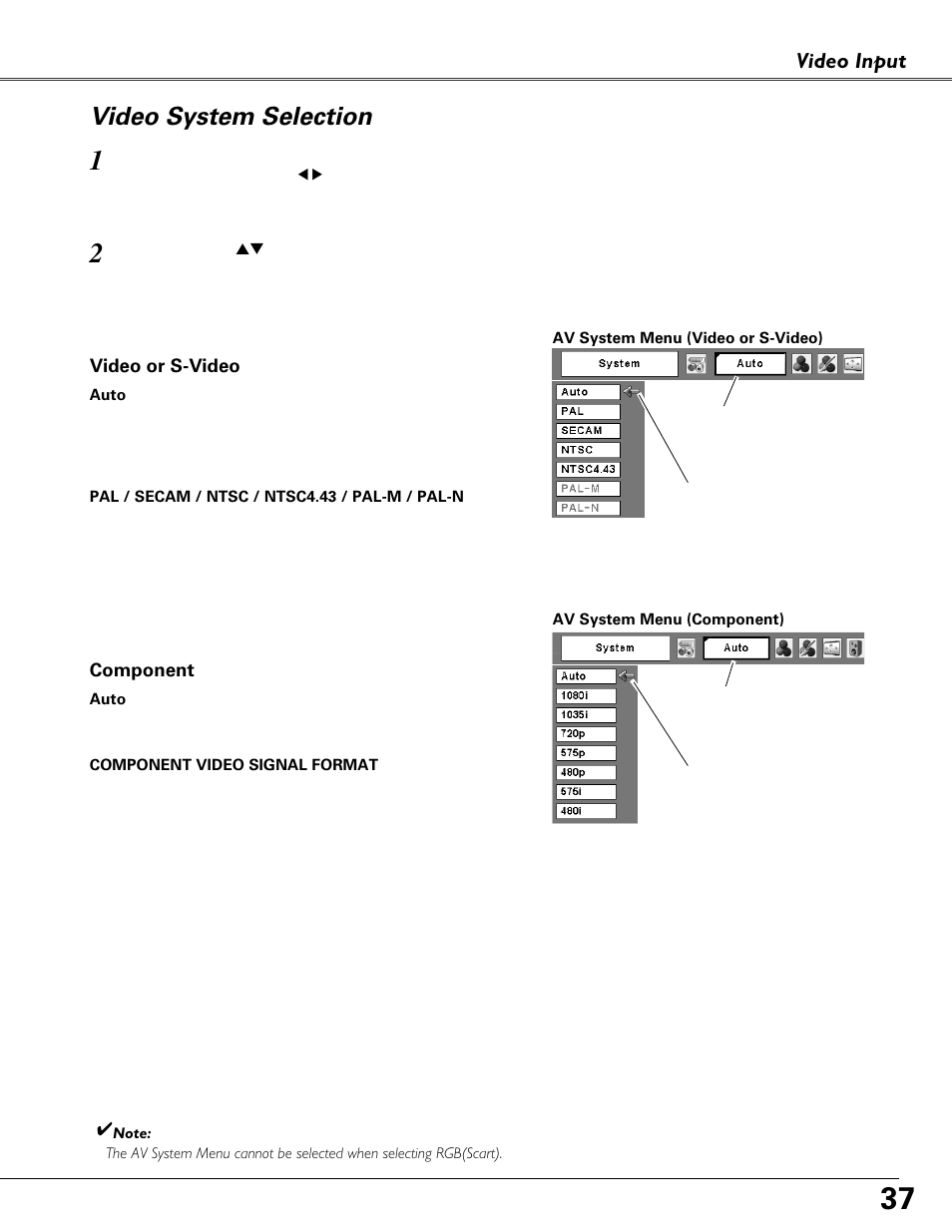 Video system selection, Video input | Eiki MODEL LC-XB40 User Manual | Page 37 / 66