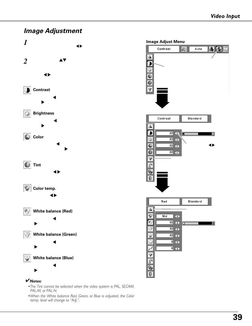 Image adjustment, Video input | Eiki MODEL LC-XB40 User Manual | Page 39 / 66