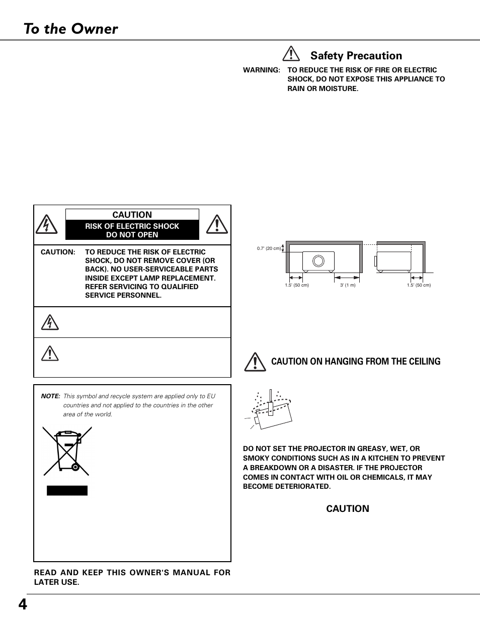 To the owner, 4to the owner, Safety precaution | Eiki MODEL LC-XB40 User Manual | Page 4 / 66