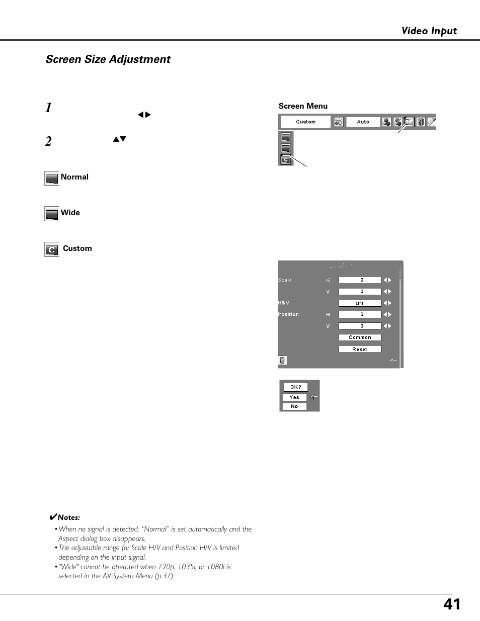 Screen size adjustment, Video input | Eiki MODEL LC-XB40 User Manual | Page 41 / 66