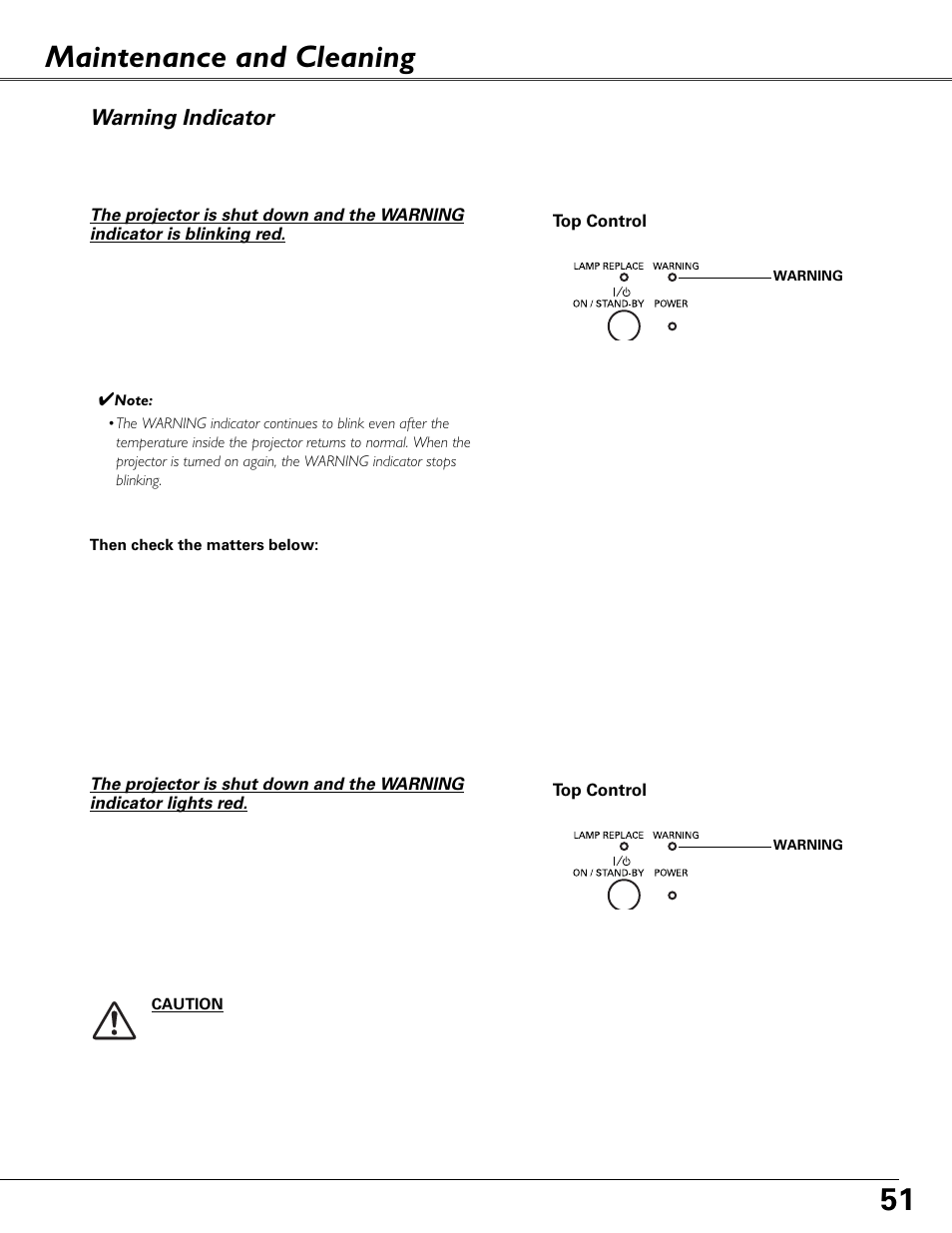 Maintenance and cleaning, Warning indicator | Eiki MODEL LC-XB40 User Manual | Page 51 / 66
