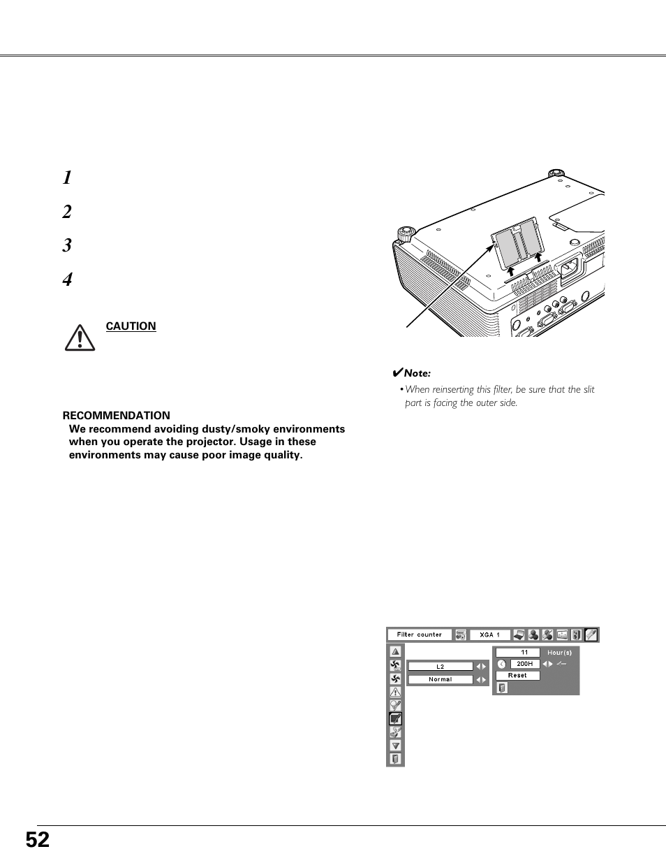 Cleaning the filter, Resetting the filter counter | Eiki MODEL LC-XB40 User Manual | Page 52 / 66