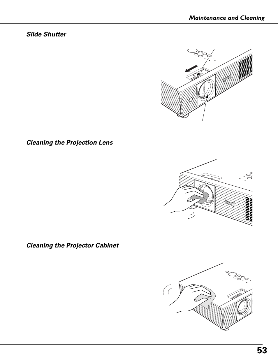 Slide shutter, Cleaning the projection lens, Cleaning the projector cabinet | Eiki MODEL LC-XB40 User Manual | Page 53 / 66