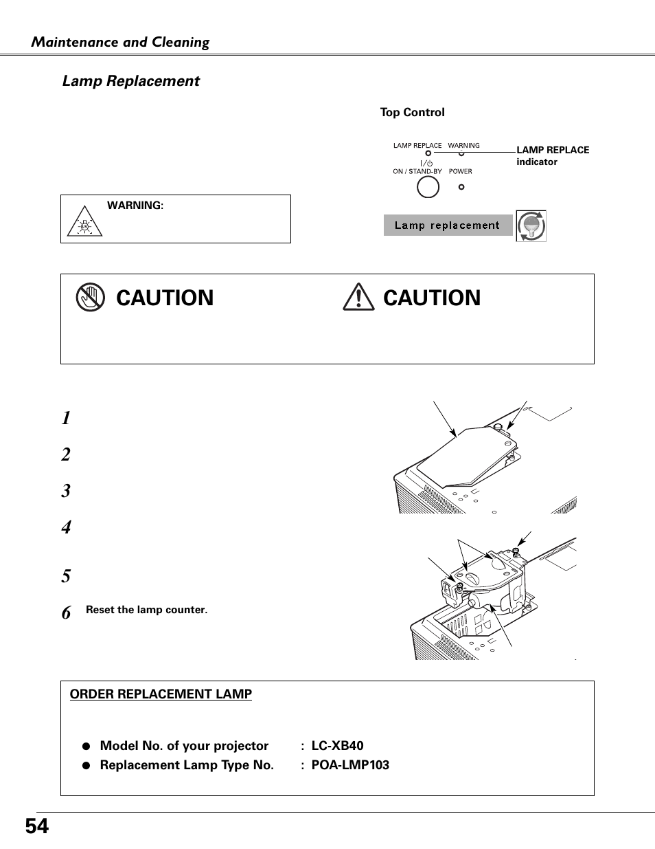 Lamp replacement, Caution | Eiki MODEL LC-XB40 User Manual | Page 54 / 66