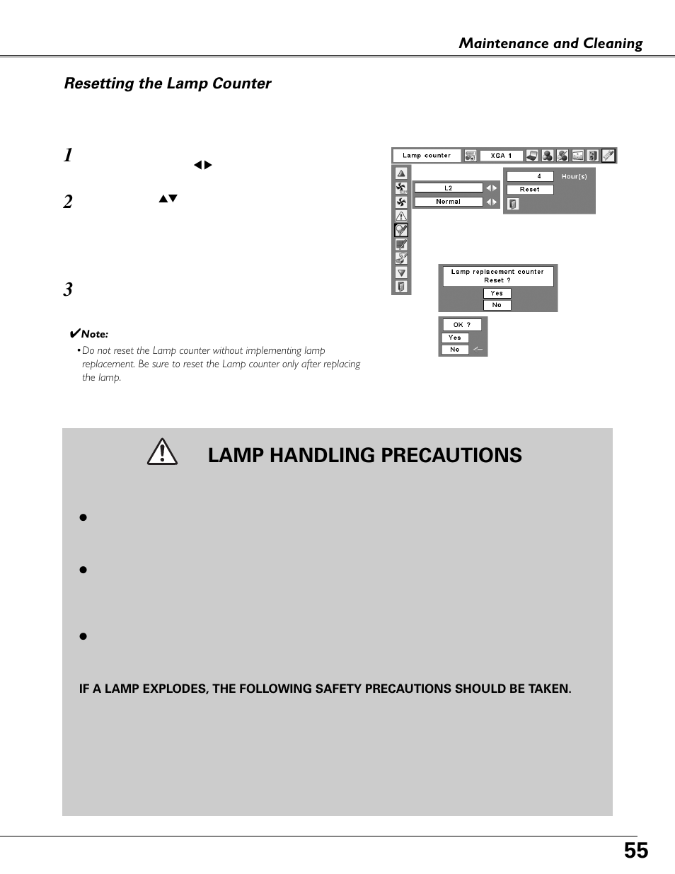 Resetting the lamp counter, Lamp handling precautions, Maintenance and cleaning | Eiki MODEL LC-XB40 User Manual | Page 55 / 66