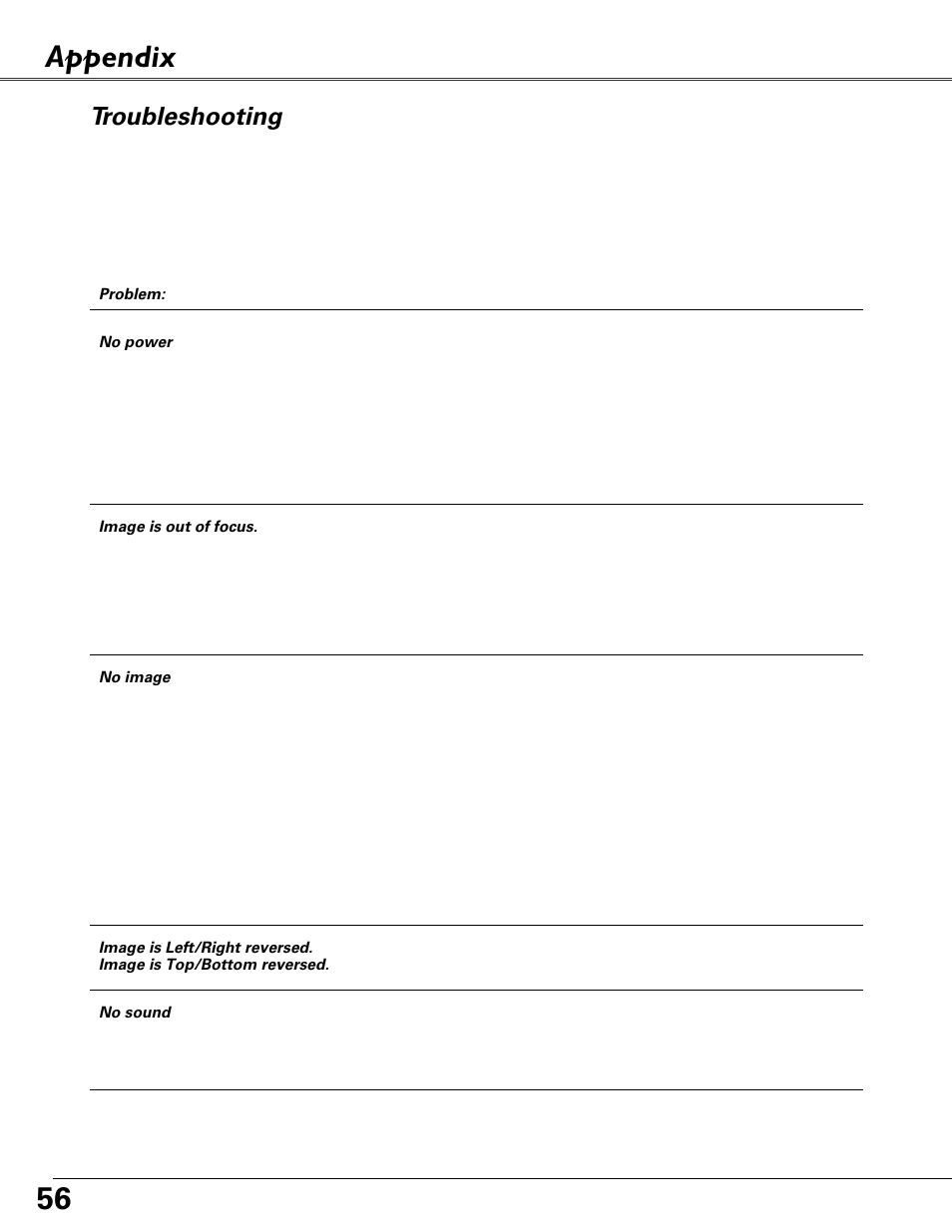 Appendix, Troubleshooting | Eiki MODEL LC-XB40 User Manual | Page 56 / 66
