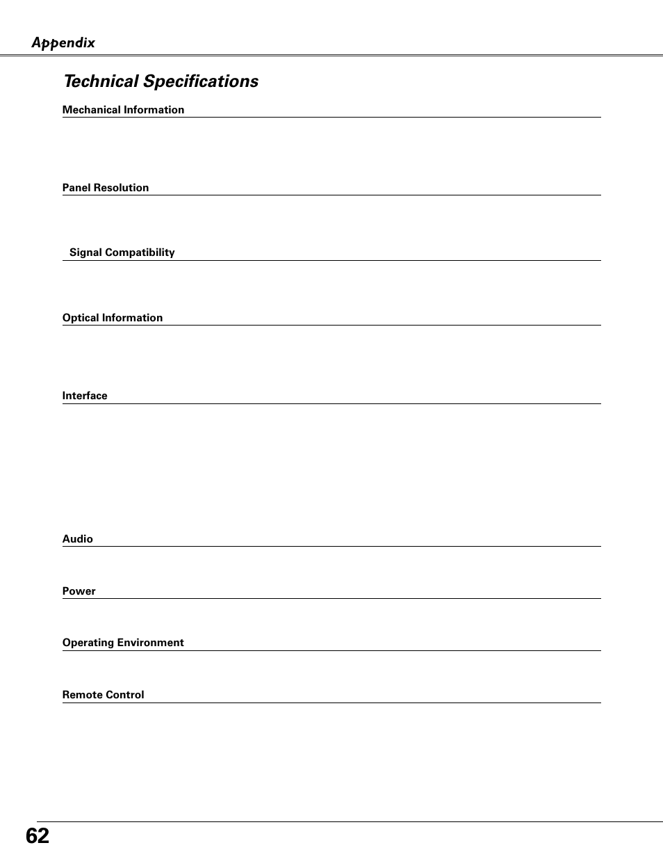 Technical specifications, Appendix | Eiki MODEL LC-XB40 User Manual | Page 62 / 66