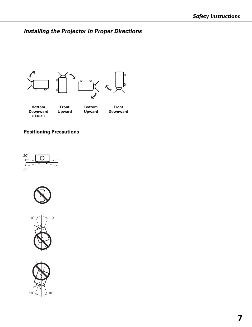 Installing the projector in proper directions, Safety instructions | Eiki MODEL LC-XB40 User Manual | Page 7 / 66