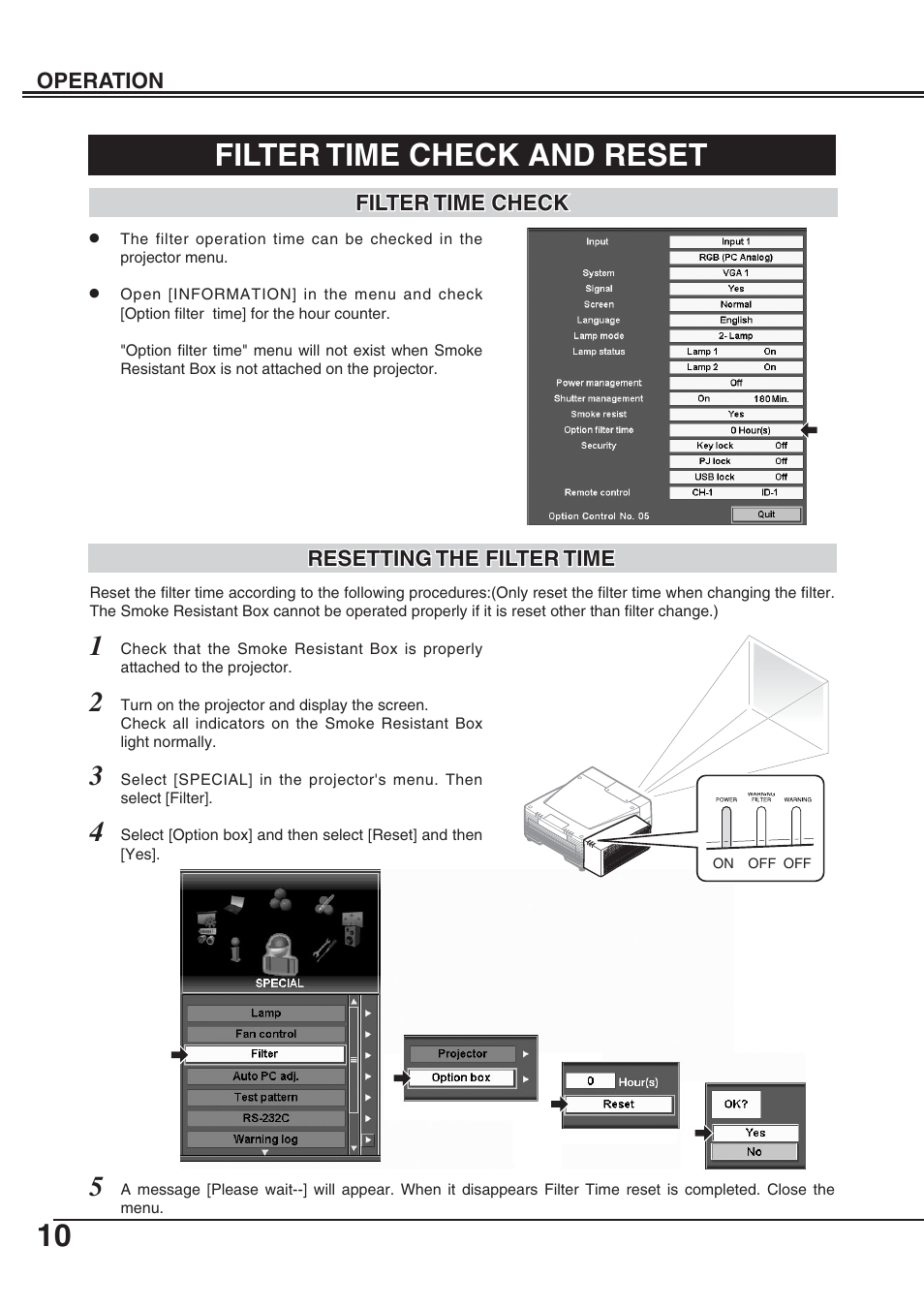 Filter time check and reset | Eiki Smoke Resistant Box AH-69601 User Manual | Page 10 / 14