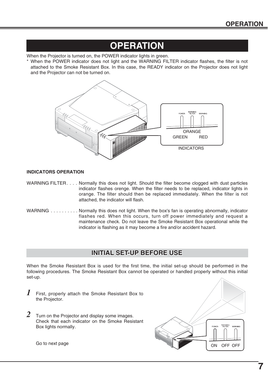 Operation, Initial set-up before use | Eiki Smoke Resistant Box AH-69601 User Manual | Page 7 / 14