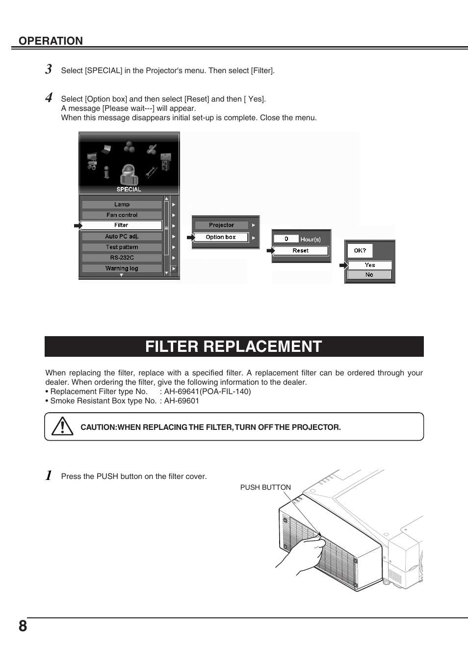 Filter replacement | Eiki Smoke Resistant Box AH-69601 User Manual | Page 8 / 14