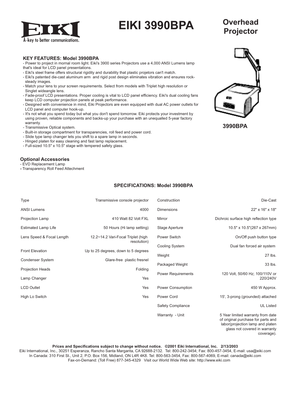 Eiki 3990BPA User Manual | 1 page