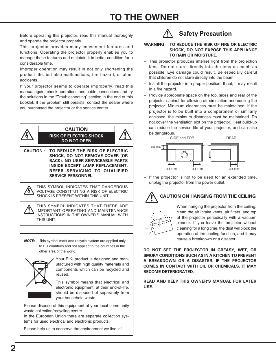 2to the owner, Safety precaution | Eiki LC-XT4U/E User Manual | Page 2 / 56
