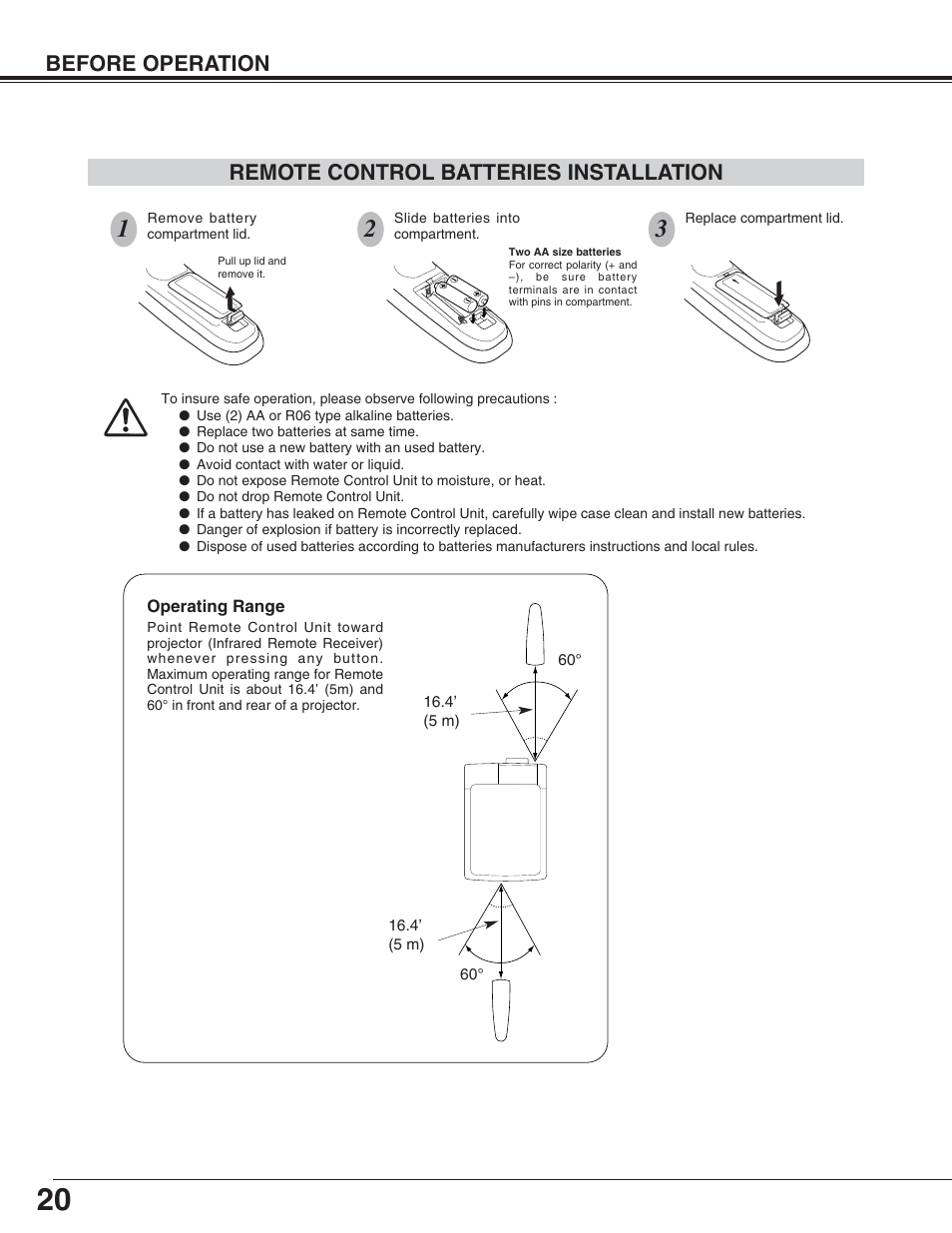 Before operation, Remote control batteries installation | Eiki LC-XT4U/E User Manual | Page 20 / 56