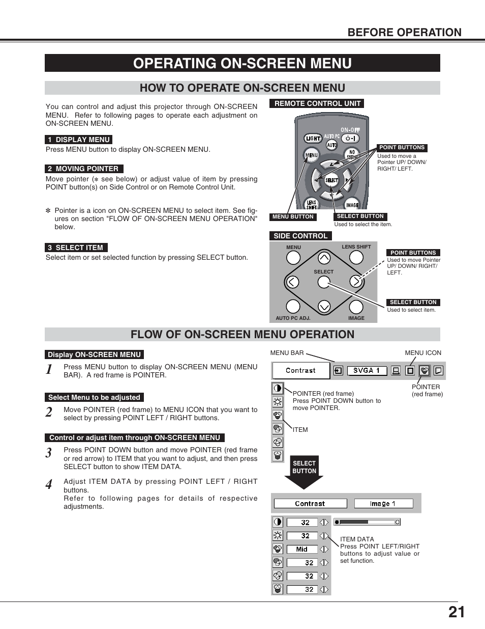 Operating on-screen menu | Eiki LC-XT4U/E User Manual | Page 21 / 56