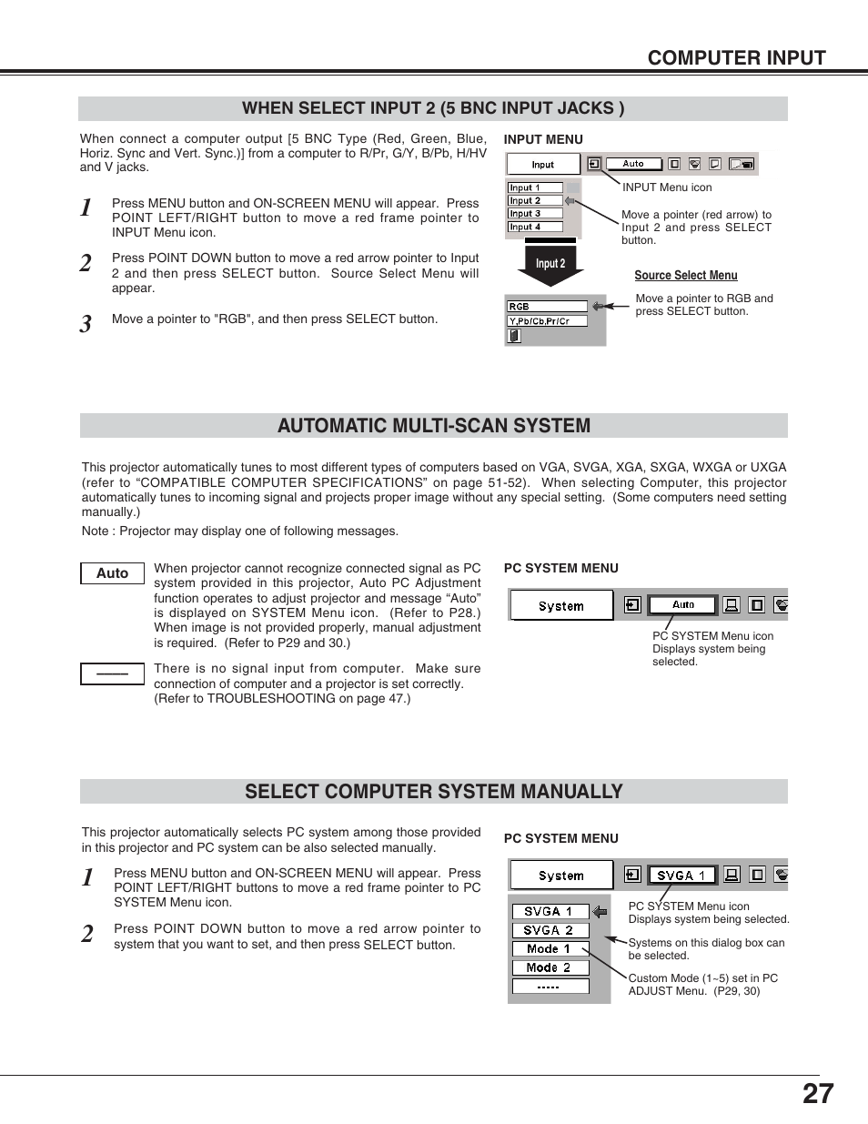 Computer input, Select computer system manually, Automatic multi-scan system | Eiki LC-XT4U/E User Manual | Page 27 / 56