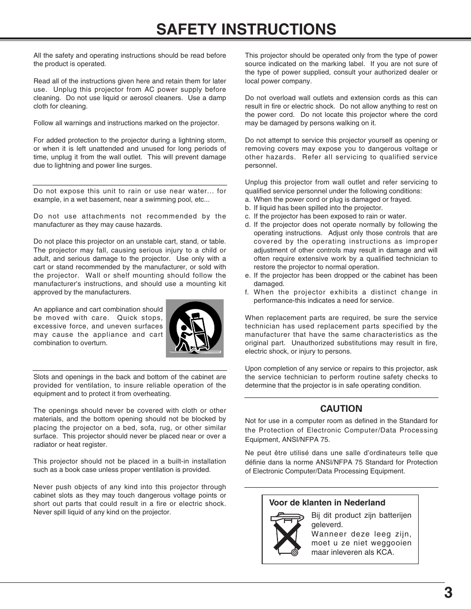 3safety instructions | Eiki LC-XT4U/E User Manual | Page 3 / 56
