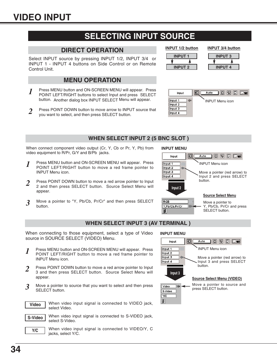 34 video input, 2selecting input source, Menu operation direct operation | Eiki LC-XT4U/E User Manual | Page 34 / 56