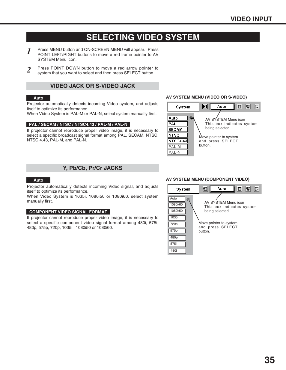 Selecting video system, Video input | Eiki LC-XT4U/E User Manual | Page 35 / 56