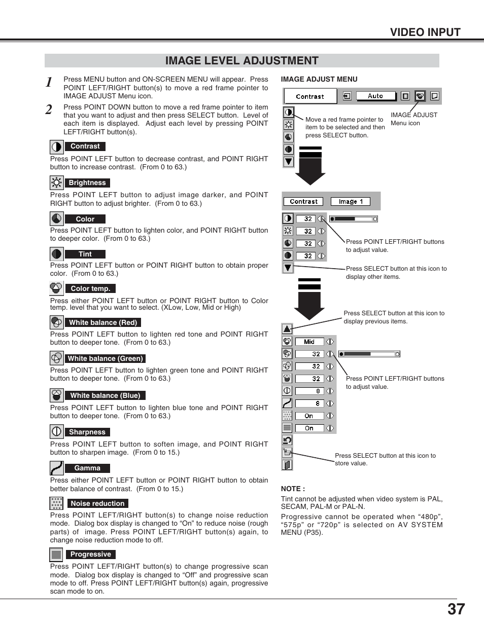 Video input, Image level adjustment | Eiki LC-XT4U/E User Manual | Page 37 / 56
