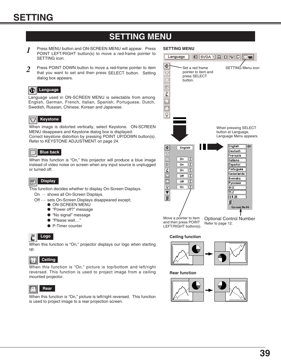 39 setting, Setting menu | Eiki LC-XT4U/E User Manual | Page 39 / 56