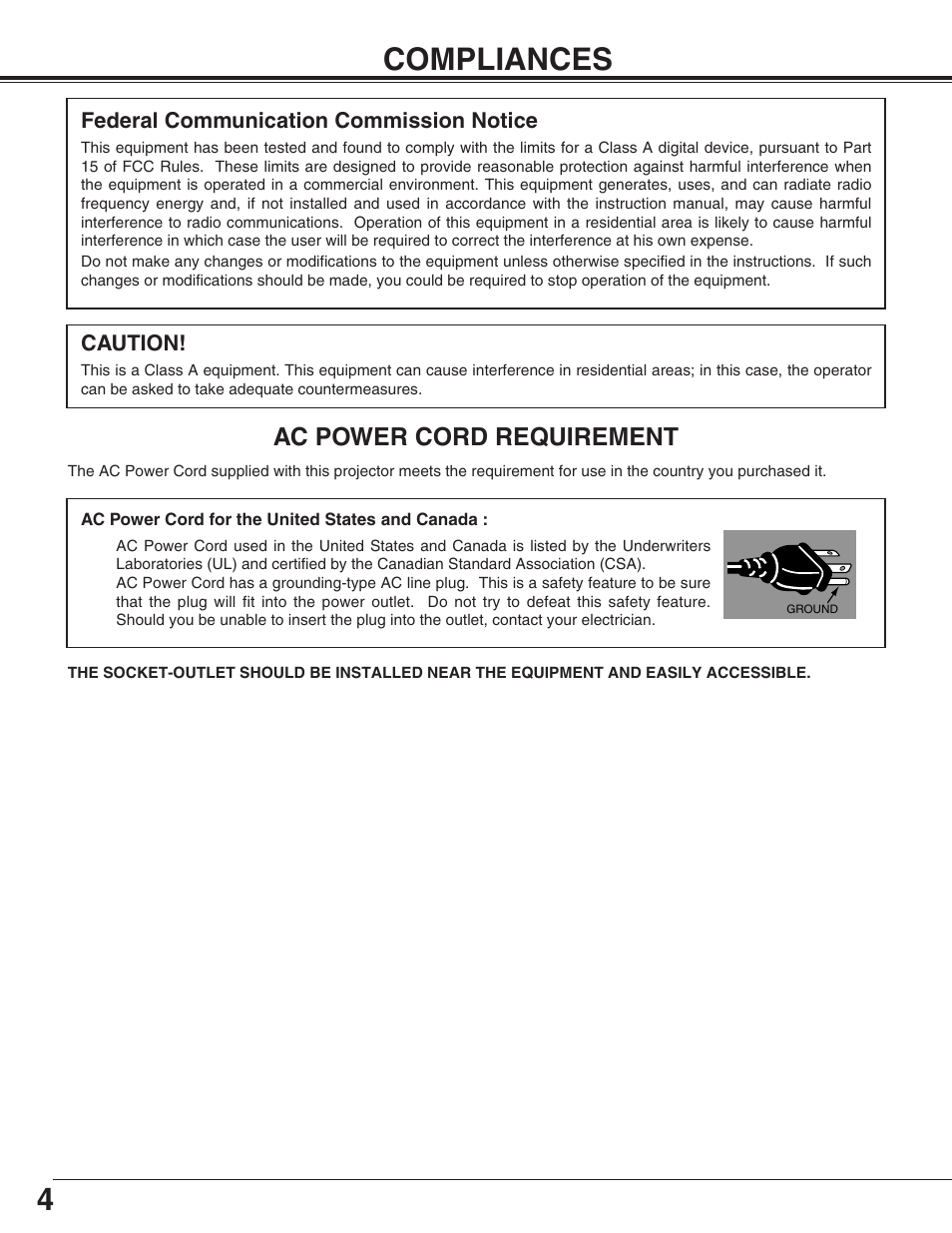 4compliances, Ac power cord requirement | Eiki LC-XT4U/E User Manual | Page 4 / 56