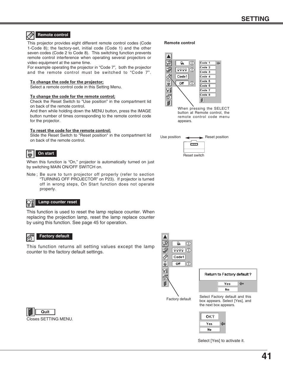 Setting | Eiki LC-XT4U/E User Manual | Page 41 / 56