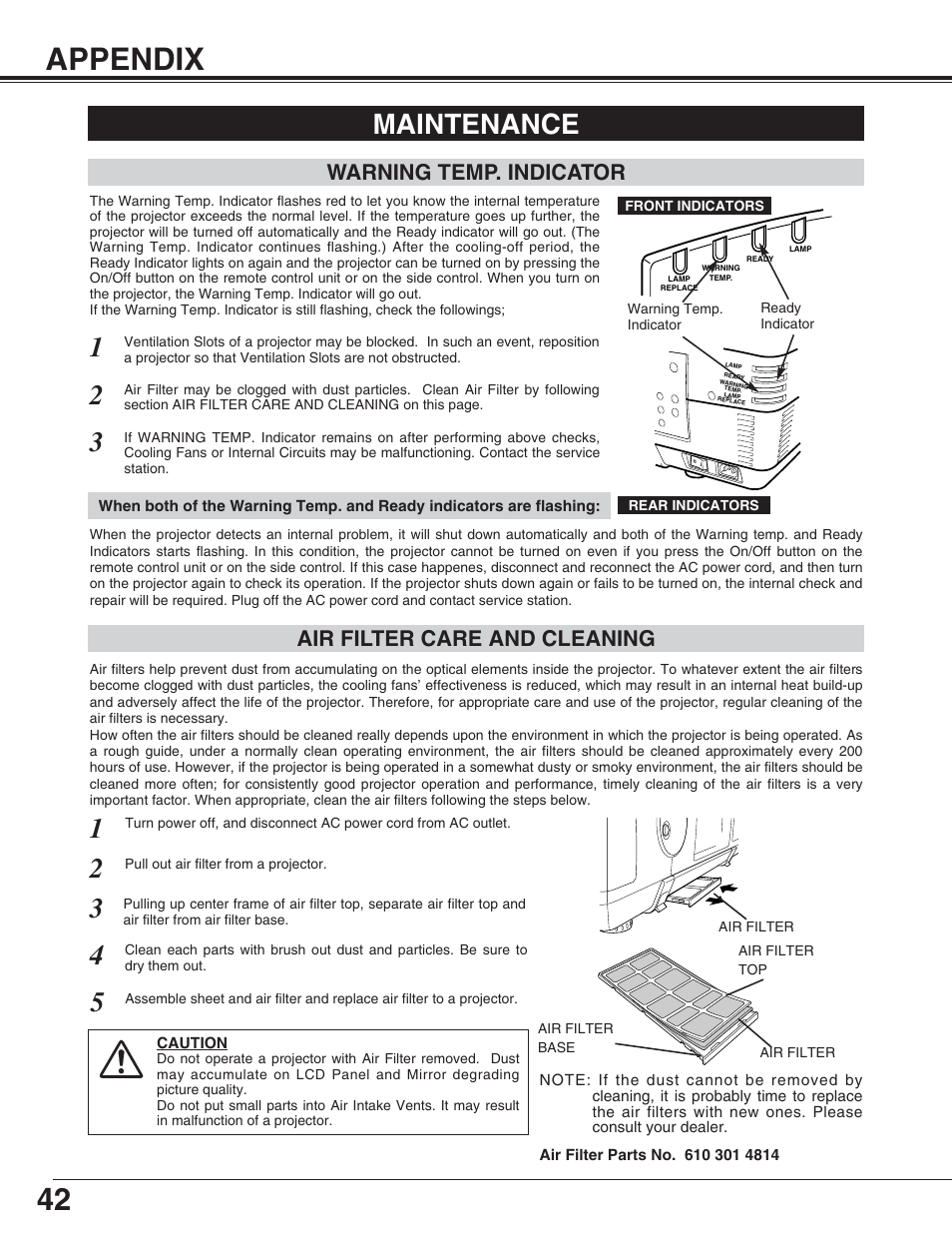 42 appendix, Maintenance, Air filter care and cleaning | Warning temp. indicator | Eiki LC-XT4U/E User Manual | Page 42 / 56