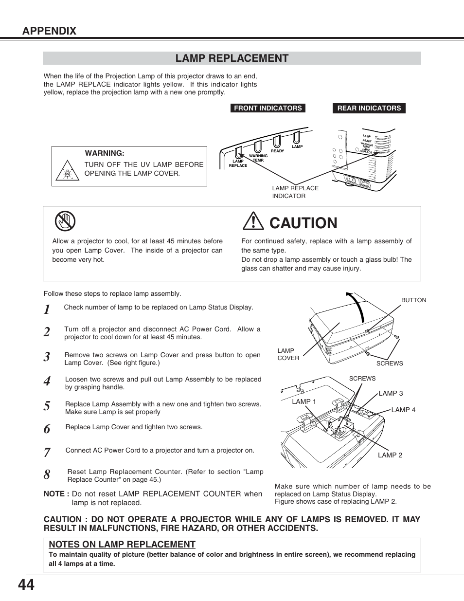 Caution, Appendix, Lamp replacement | Eiki LC-XT4U/E User Manual | Page 44 / 56