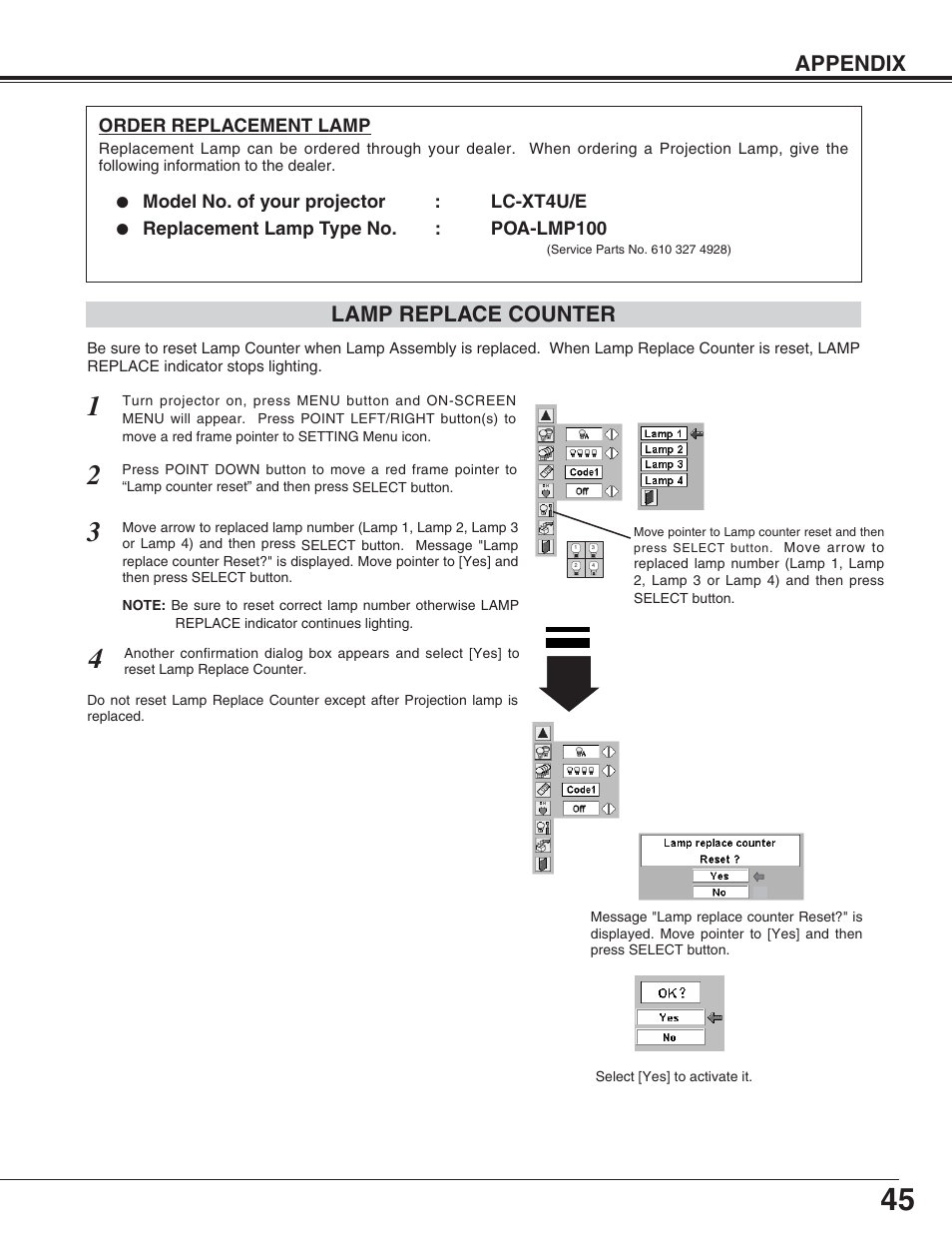 Appendix, Lamp replace counter | Eiki LC-XT4U/E User Manual | Page 45 / 56