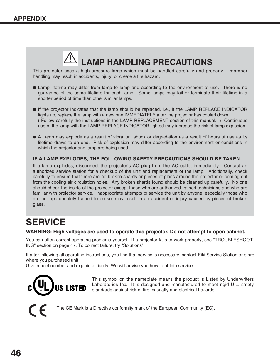 Service, Lamp handling precautions | Eiki LC-XT4U/E User Manual | Page 46 / 56