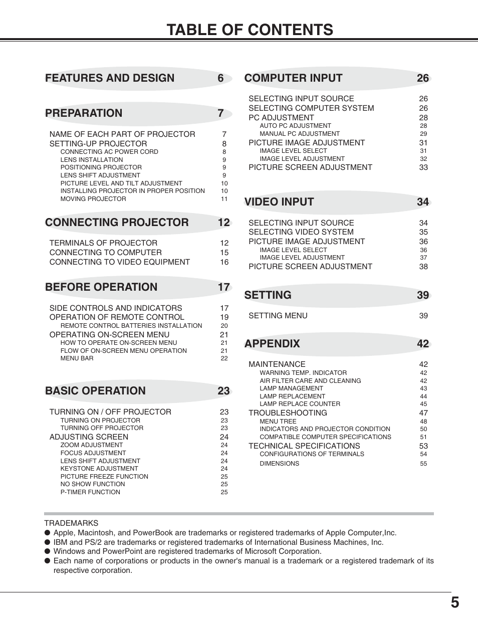 5table of contents, Connecting projector 12, Basic operation 23 | Eiki LC-XT4U/E User Manual | Page 5 / 56