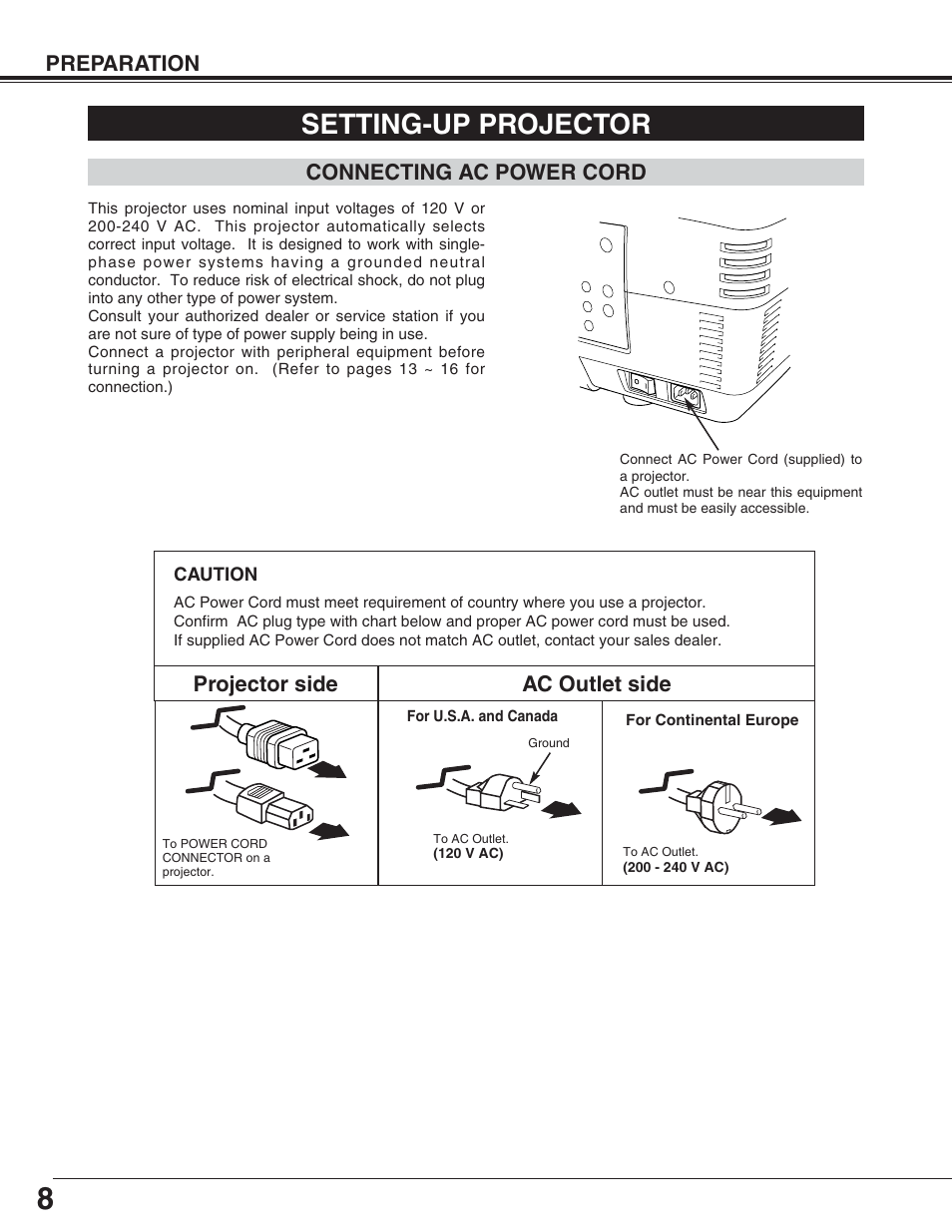 Setting-up projector, Preparation, Connecting ac power cord | Projector side ac outlet side | Eiki LC-XT4U/E User Manual | Page 8 / 56