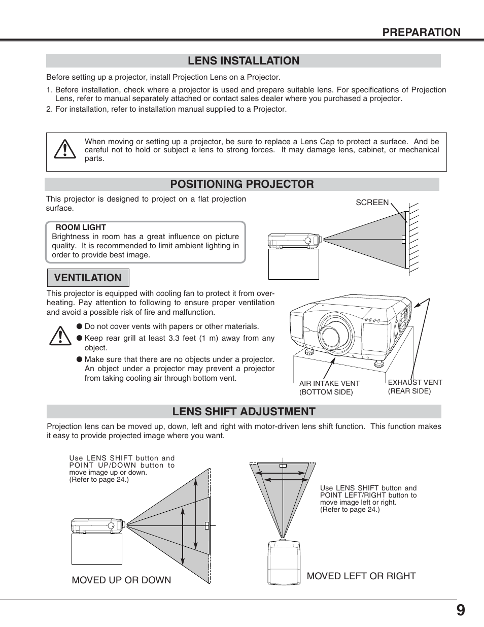Preparation positioning projector, Lens installation, Lens shift adjustment | Eiki LC-XT4U/E User Manual | Page 9 / 56