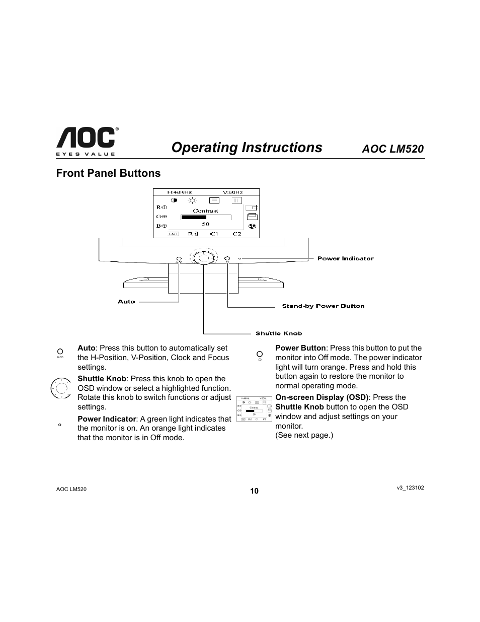 Operating instructions, Aoc lm520, Front panel buttons | Ergotron AOC LM520 User Manual | Page 10 / 19