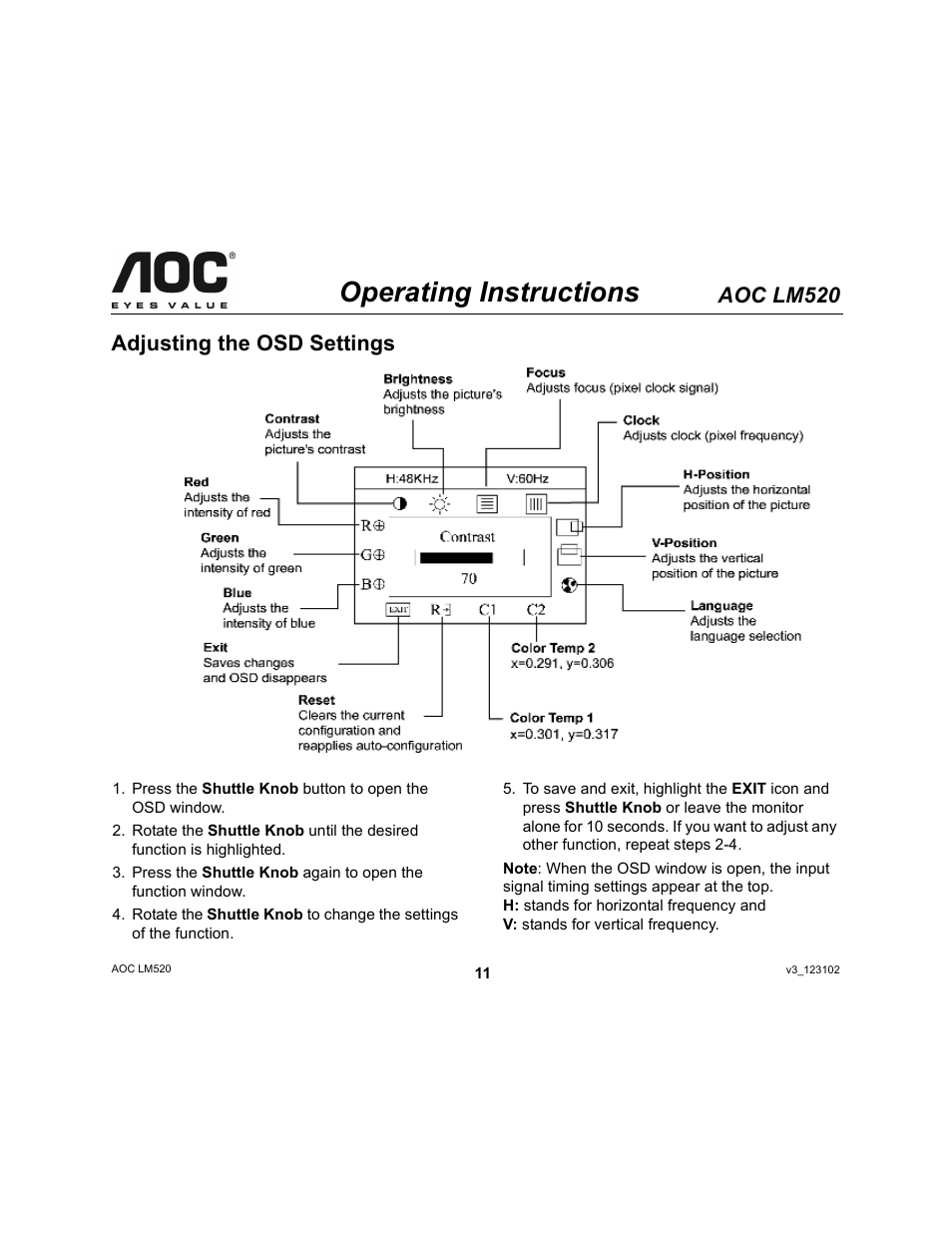 Operating instructions, Aoc lm520, Adjusting the osd settings | Ergotron AOC LM520 User Manual | Page 11 / 19