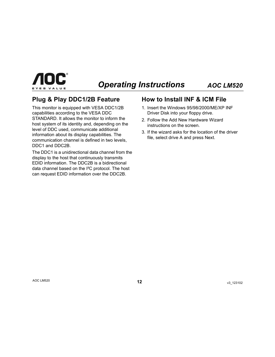 Operating instructions, Aoc lm520, Plug & play ddc1/2b feature | How to install inf & icm file | Ergotron AOC LM520 User Manual | Page 12 / 19