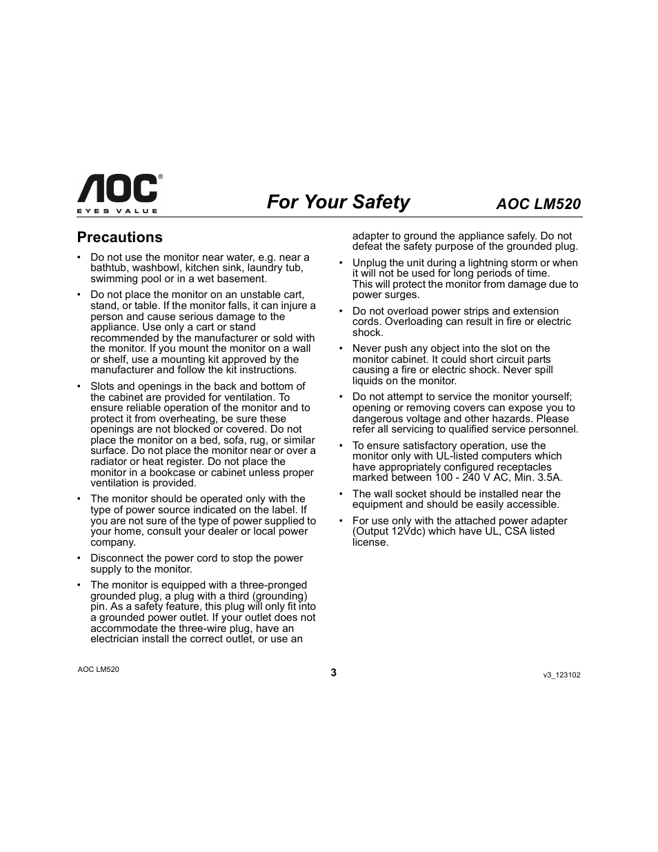 For your safety, Aoc lm520, Precautions | Ergotron AOC LM520 User Manual | Page 3 / 19