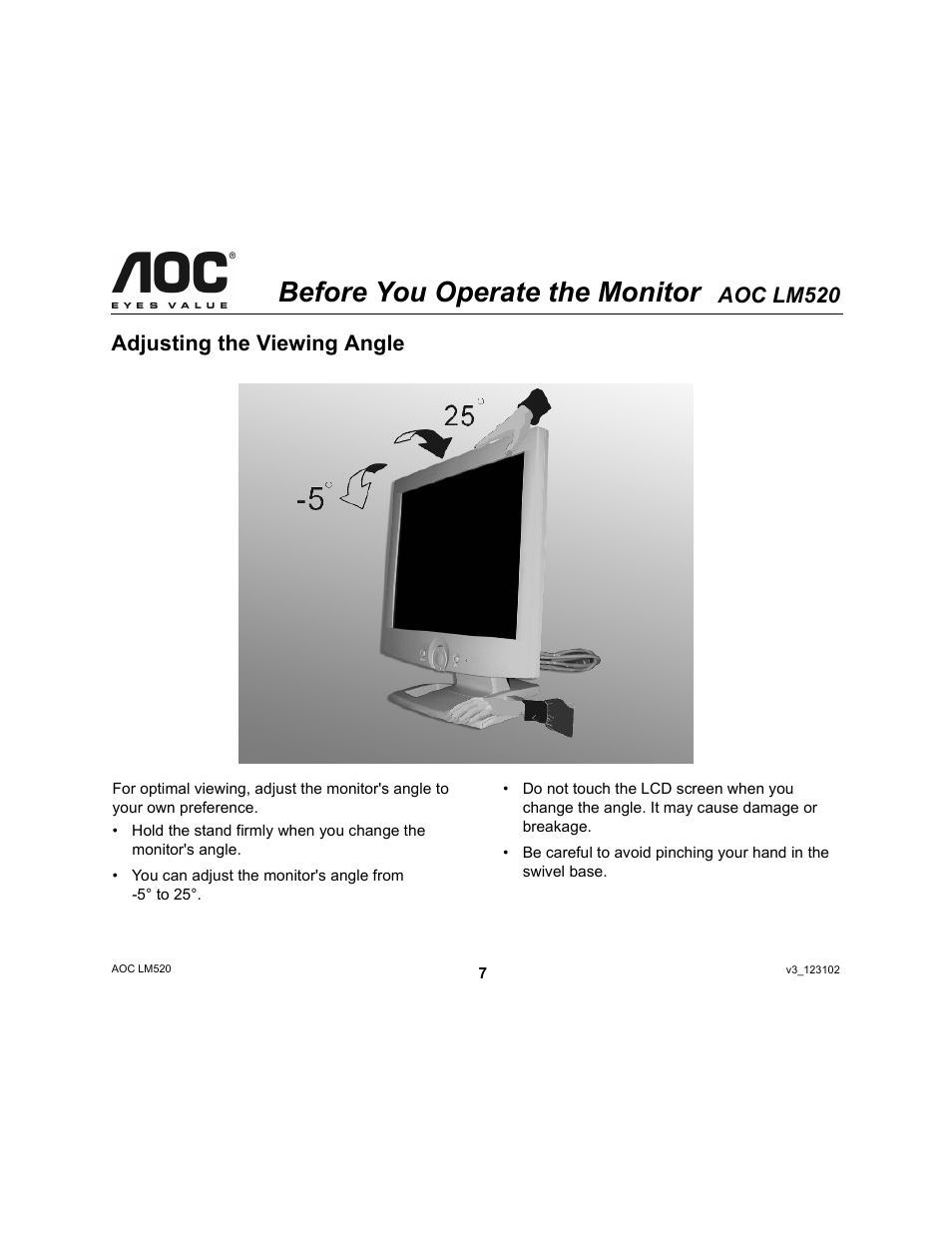 Before you operate the monitor, Aoc lm520, Adjusting the viewing angle | Ergotron AOC LM520 User Manual | Page 7 / 19