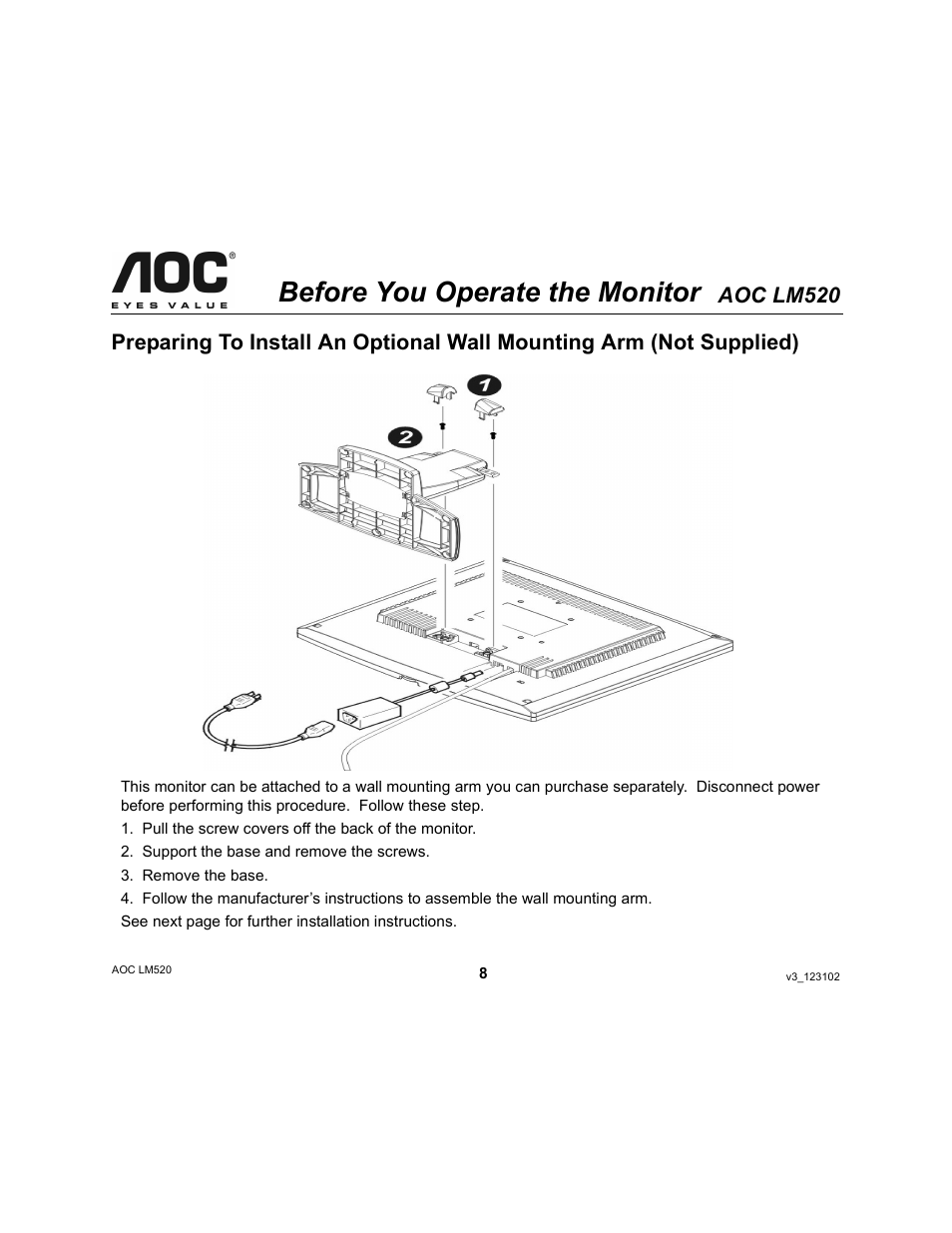 Before you operate the monitor, Aoc lm520 | Ergotron AOC LM520 User Manual | Page 8 / 19