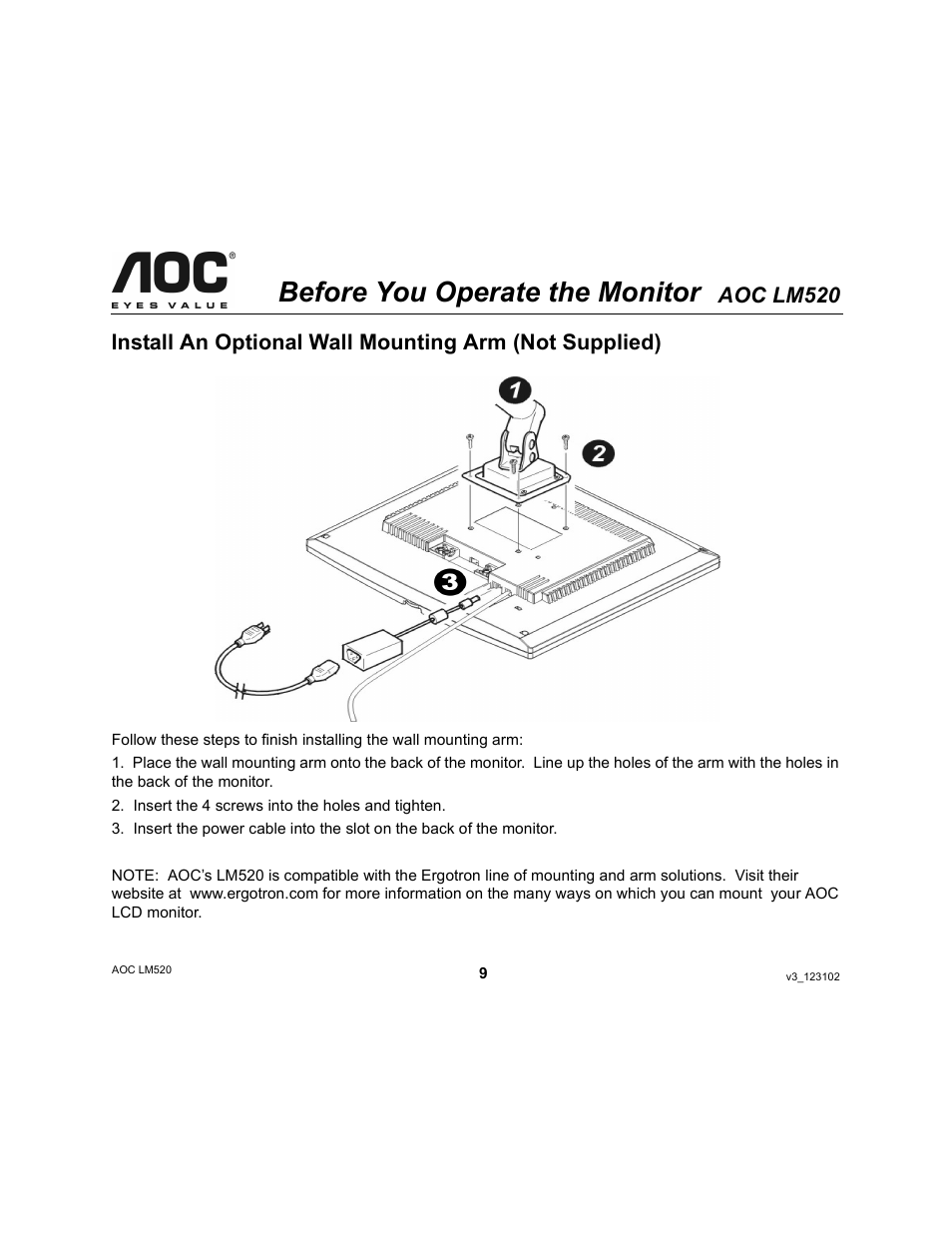 Before you operate the monitor, Aoc lm520 | Ergotron AOC LM520 User Manual | Page 9 / 19