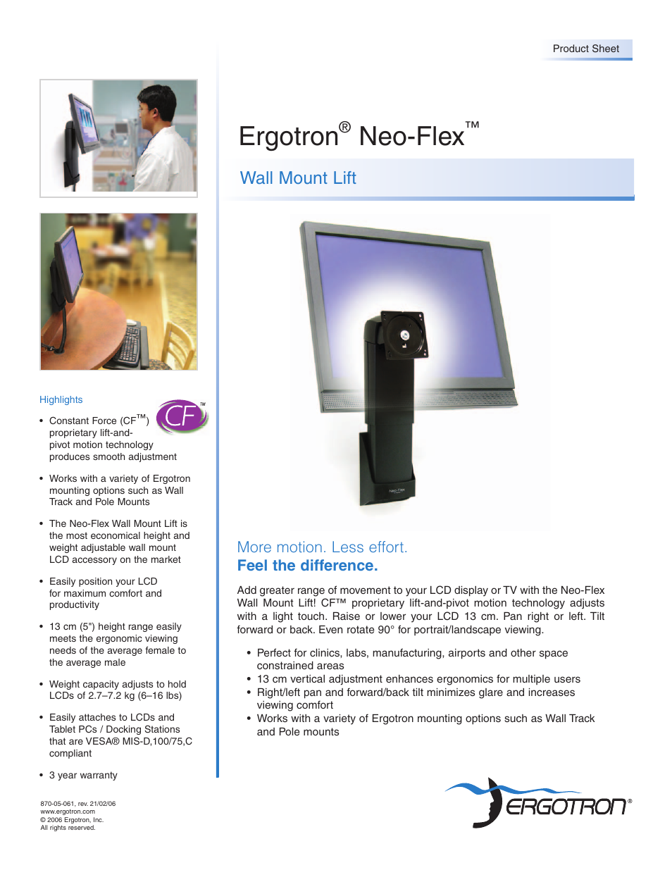 Ergotron Neo-Flex Wall Mount Lift User Manual | 2 pages