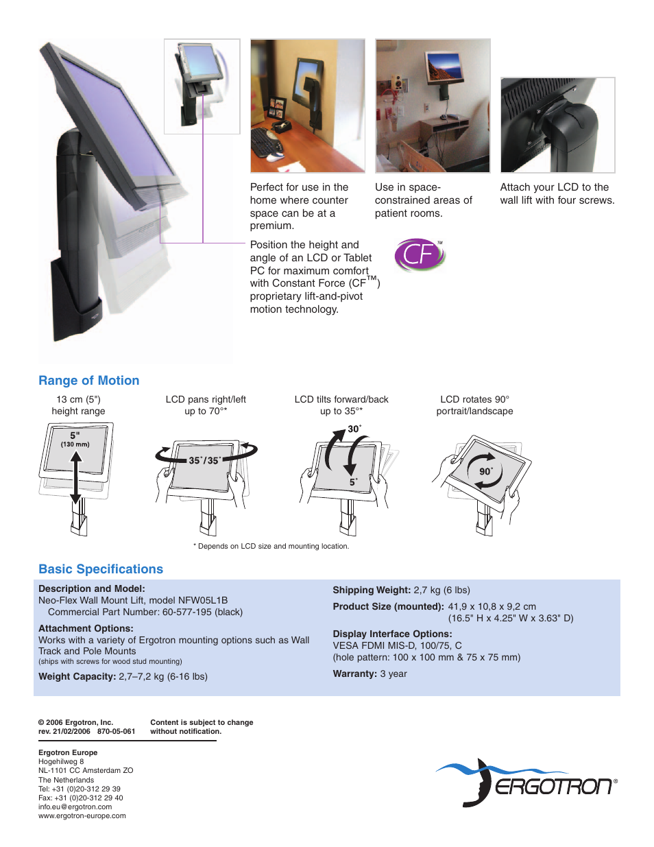 Basic specifications, Range of motion | Ergotron Neo-Flex Wall Mount Lift User Manual | Page 2 / 2