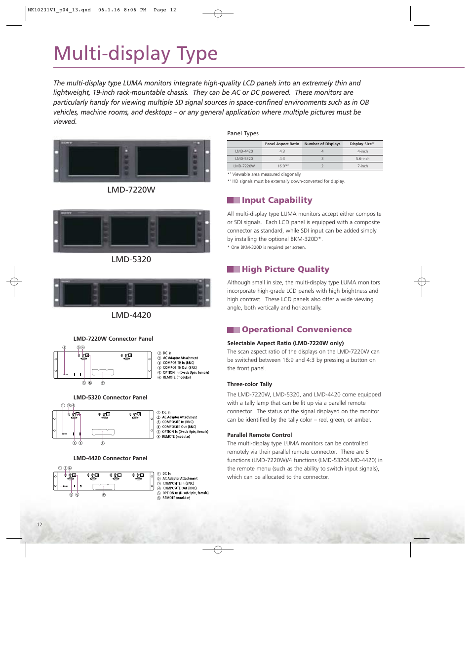 Multi-display type, Input capability, High picture quality | Operational convenience | Ergotron LUMA User Manual | Page 12 / 20