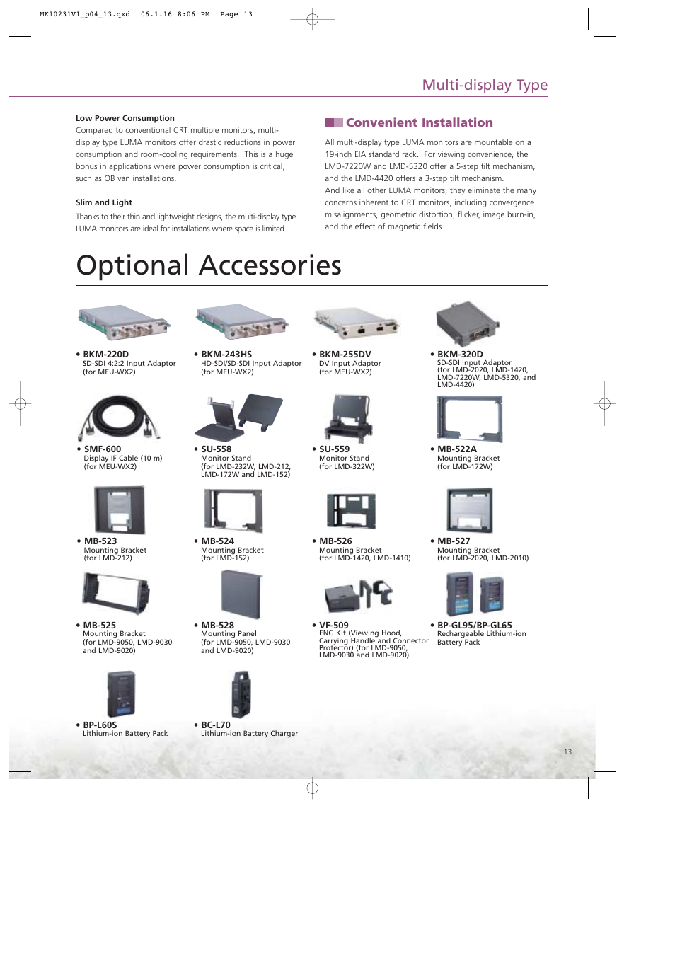 Optional accessories, Multi-display type, Convenient installation | Ergotron LUMA User Manual | Page 13 / 20
