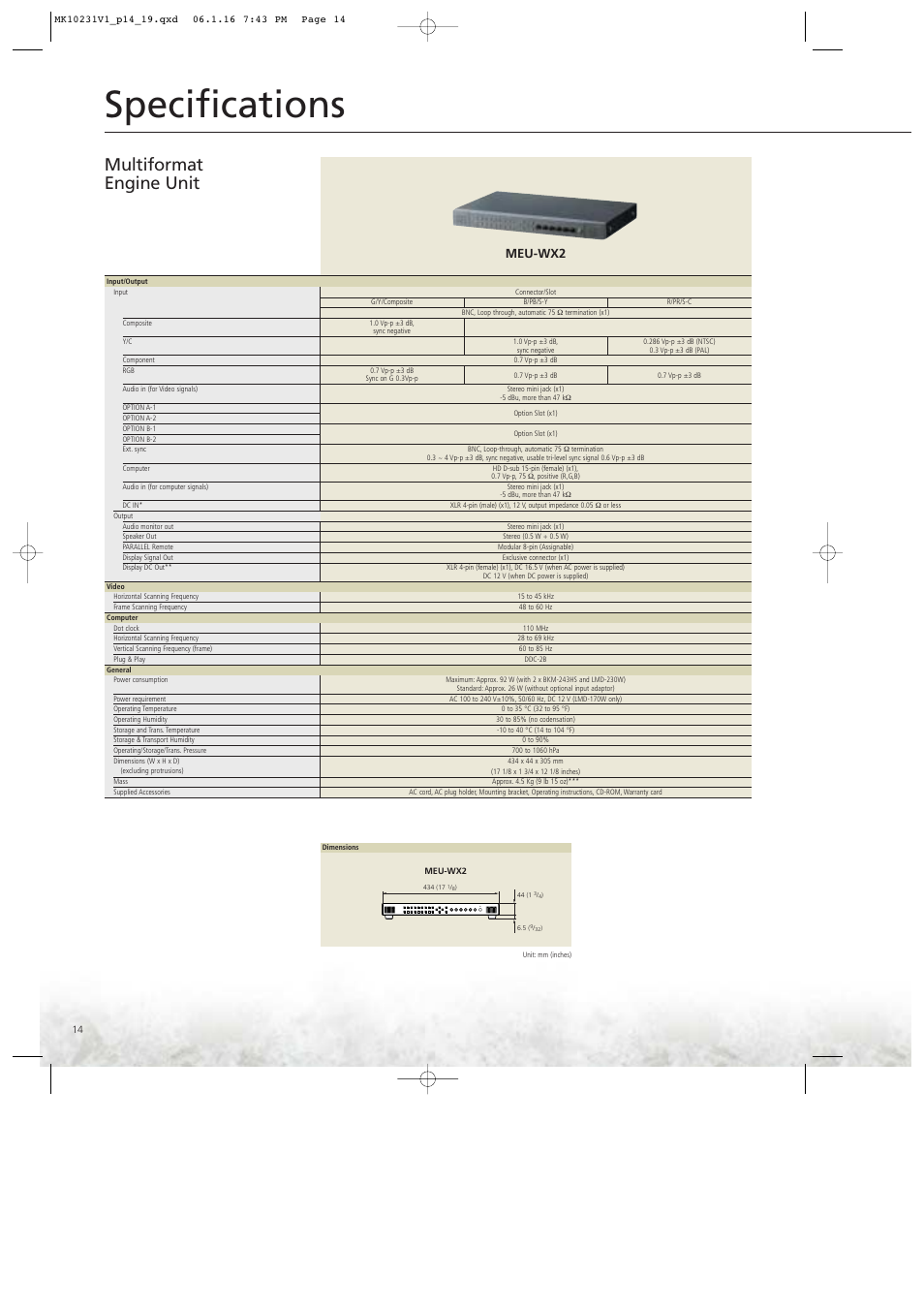 Specifications, Multiformat engine unit, Meu-wx2 | Ergotron LUMA User Manual | Page 14 / 20