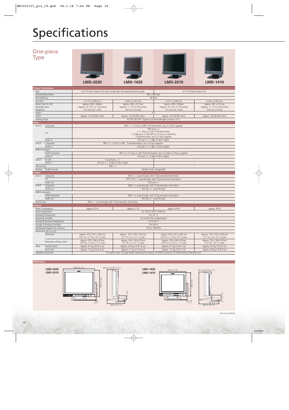 Specifications, One-piece type | Ergotron LUMA User Manual | Page 16 / 20
