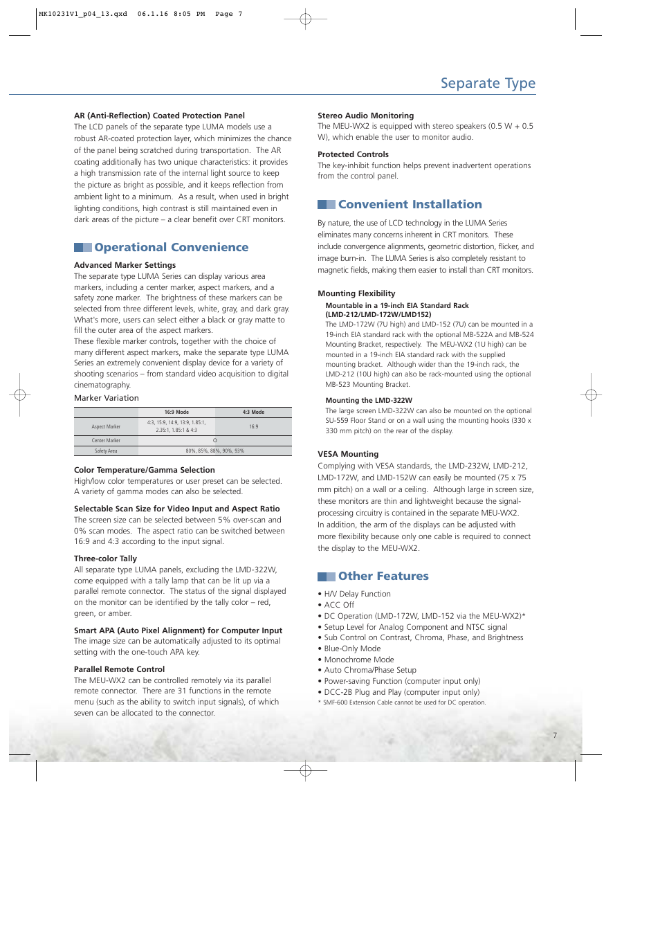 Separate type, Convenient installation, Other features | Operational convenience | Ergotron LUMA User Manual | Page 7 / 20