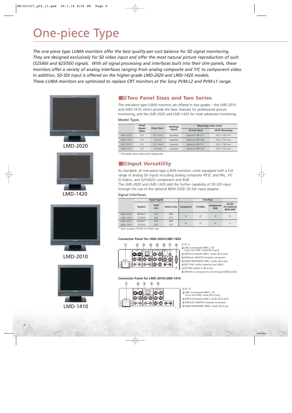One-piece type, Two panel sizes and two series, Input versatility | Ergotron LUMA User Manual | Page 8 / 20
